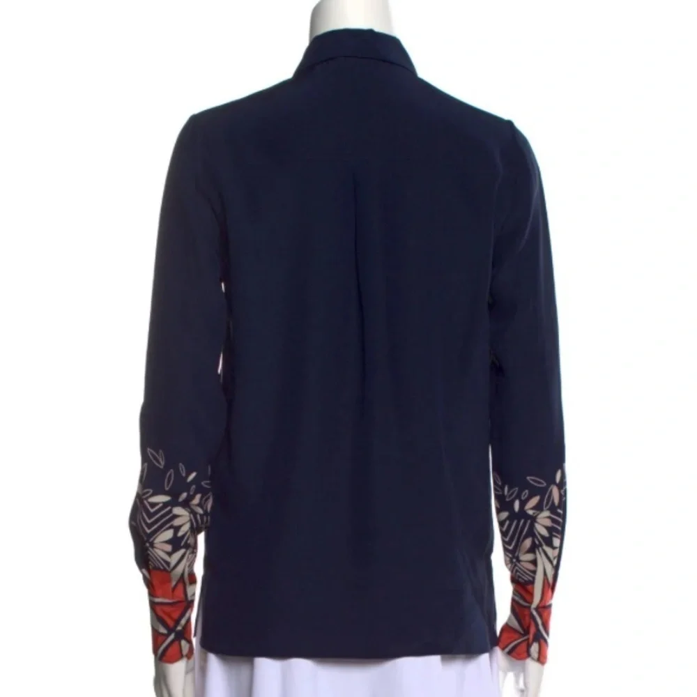 Tory Burch silk navy printed top floral boho classic formal fall designer $300